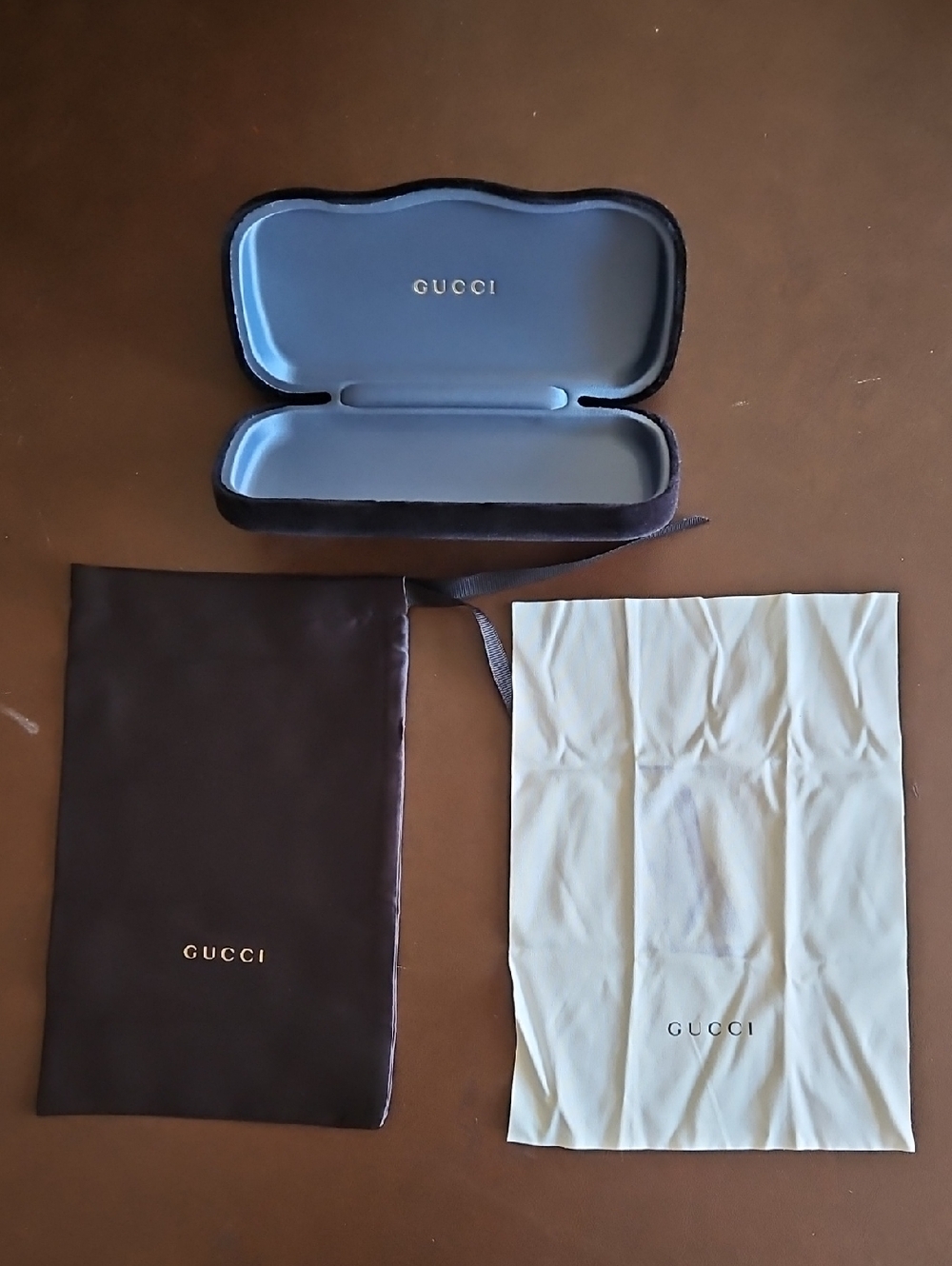 Gucci Black Velvet Eyewear Set with Blue Interior